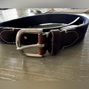 Navy Braided Belt with Dark Brown Leather Accents and Silver Buckle, Size Small